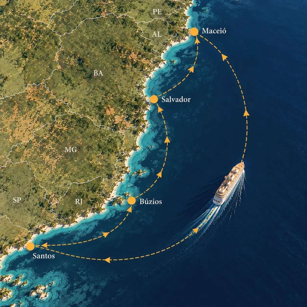 Mapa de la ruta: Santos, Búzios, Salvador, Maceió y regreso a Santos