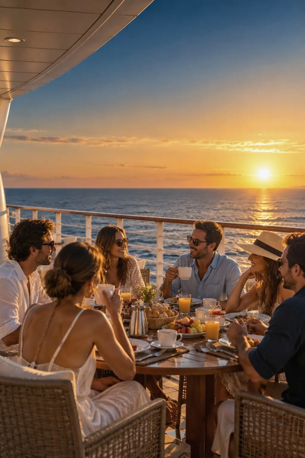 Amigos desayunando en la cubierta de un crucero al atardecer