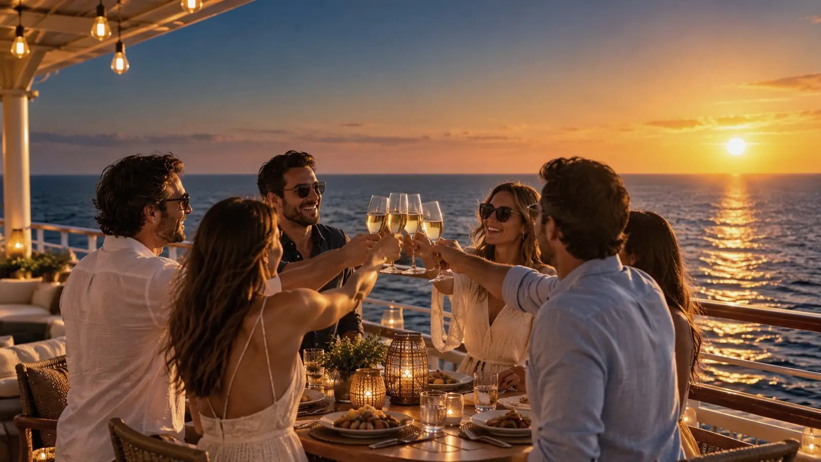 Amigos brindando en la cubierta de un crucero al atardecer
