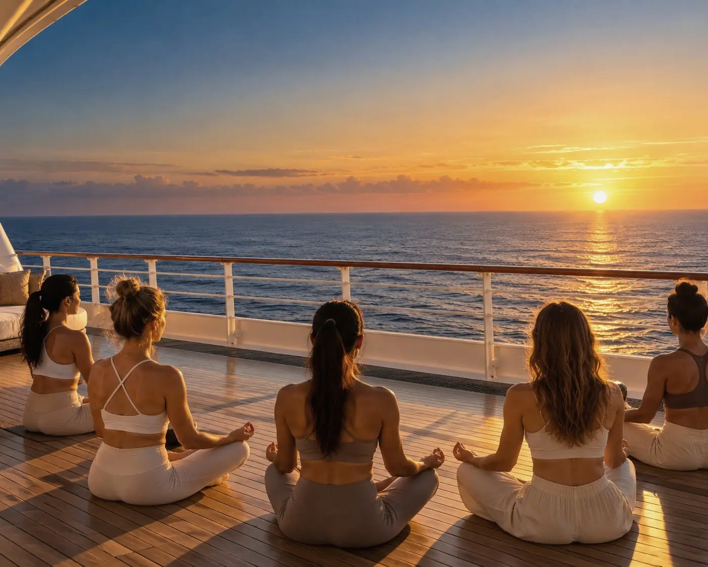 Grupo meditando en la cubierta del crucero