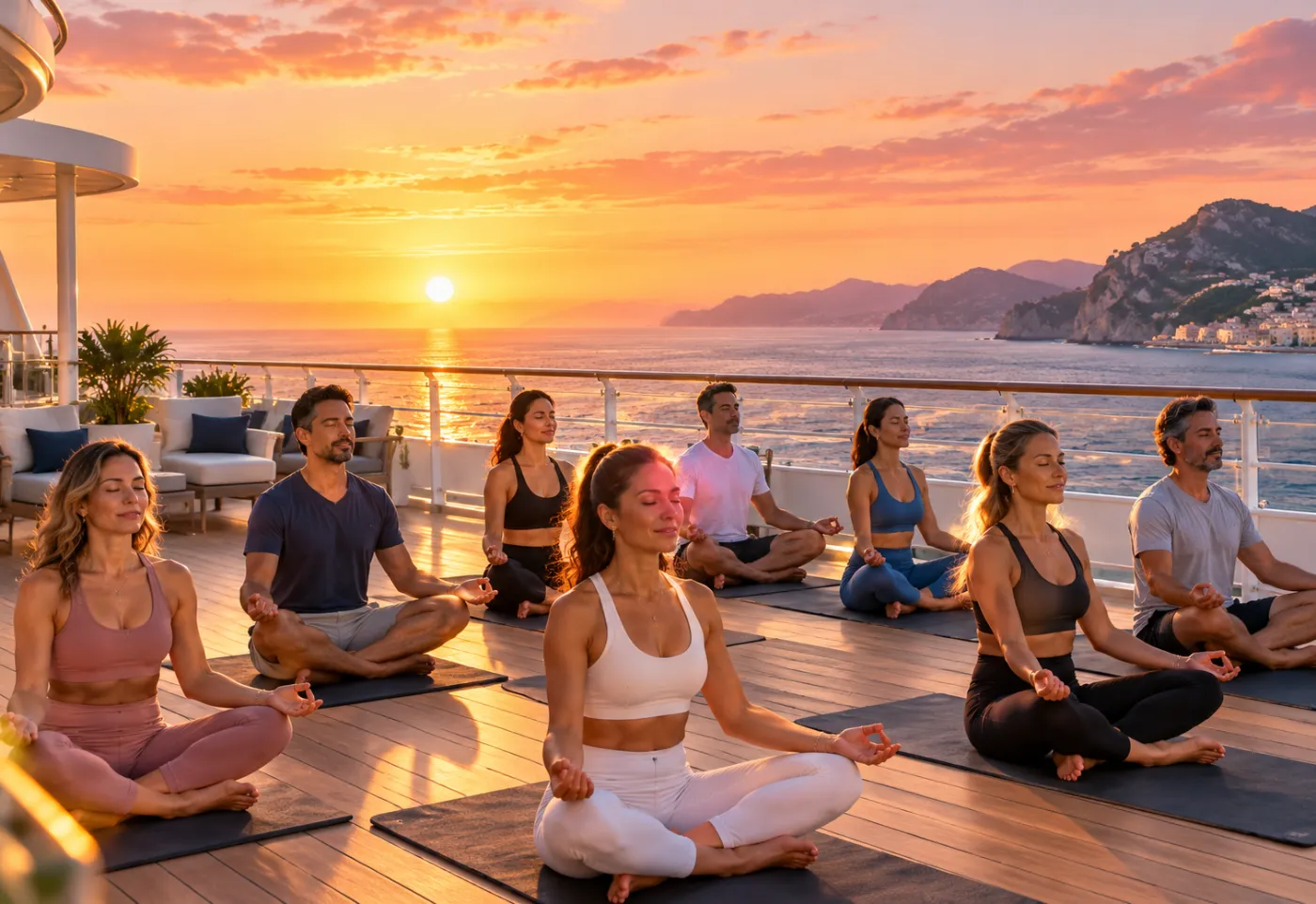 Grupo meditando en la cubierta del crucero